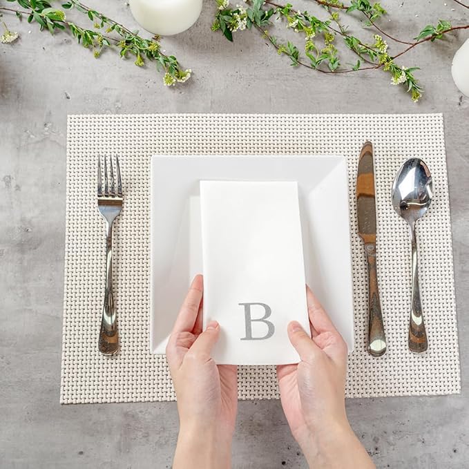 Luxenap 15.8 X 7.9 Inch Linen-Feel Guest Towels, 50 Lettered Hand Towels - Silver Letter 'B', Sans Serif Font, White Paper Dinner Napkins, airlaid, For Restrooms And Tables - Restaurantware
