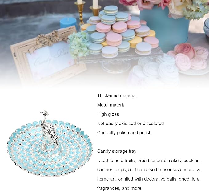 Asixxsix Decorative Serving Tray, Zinc AlloyPeacock Shape Fruits Serving Tray Candy Dish Cookie Storage Bowl, Jewelry Tray Ring Holder, Jewelry Organizer Trinket Holder for Wedding (Silver Light