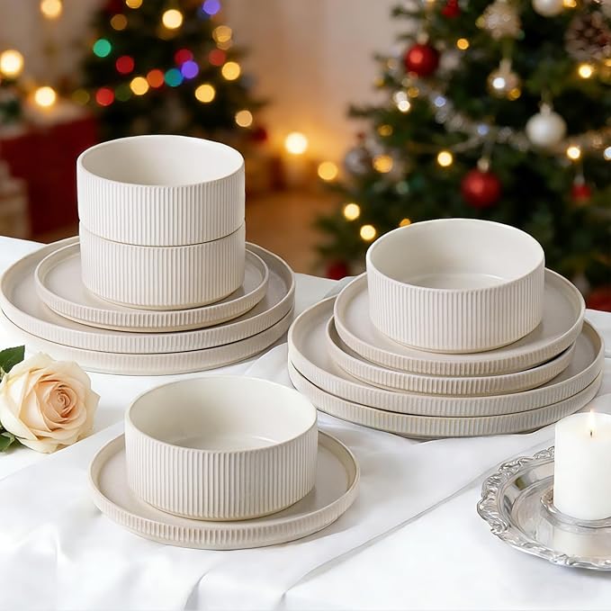 Dinnerware Set Service for 8, 24-Piece Ceramic Plates and Bowls Set, Chip & Scratch Resistant, Microwave and Dishwasher Safe, Modern Minimalist Tableware for Everyday Use, Matte White