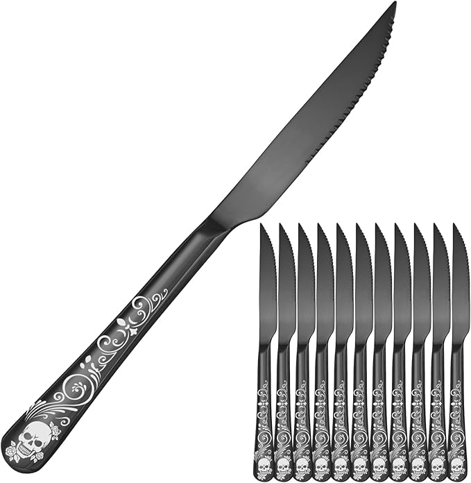 Skull Ultra Sharp 2-IN-1 Serrated Knives, Chef Knife Set Serrated Knives of 12 - Professional Design Collection - 18/0 Stainless Sharp Dinner Knives Unique Skull Pattern Design