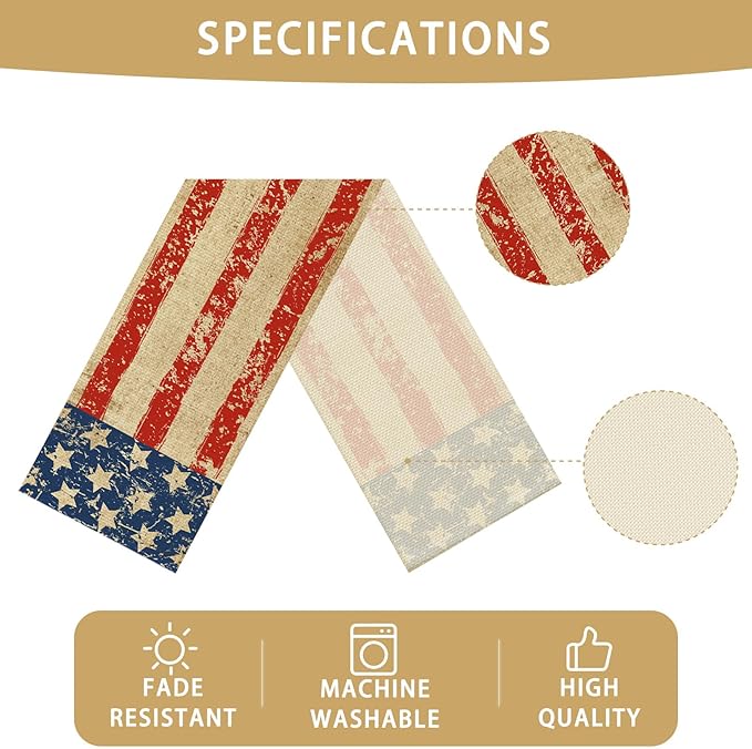 USA Flag 4th of July Table Runner Seasonal Holiday Kitchen Dining Linen Table Decoration for Indoor Outdoor Home Party Decor 13 x 72 Inch