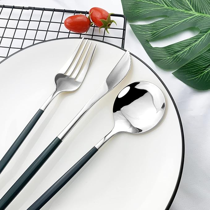 JASHII 24 Piece Titanium Green Plated Stainless Steel Flatware Set, Mouth Utensils Set, Cutlery Set Service for 6 (Green Handle, Shiny Silver)