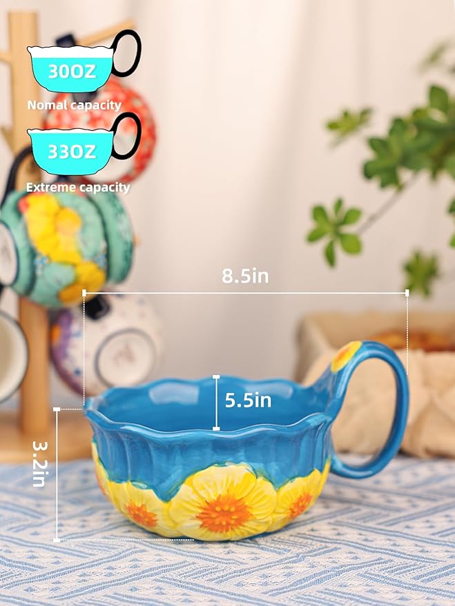 silesia Handmade Ceramic Soup Bowl, 30 oz Hand Painted Bowl with Loop Handle, Floral Design Cereal Bowl for Soup, Ice cream, Snack, Microwave & Dishwasher Safe (Dark Blue)