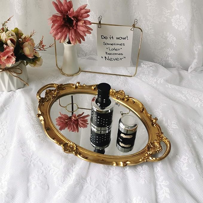 Hamphinee Oval Vintage Wall Mirror Tray, Dresser Organizer Tray, Decorative Perfume Mirror Tray, Serving Tray, 9.8"x 14.6", Gold