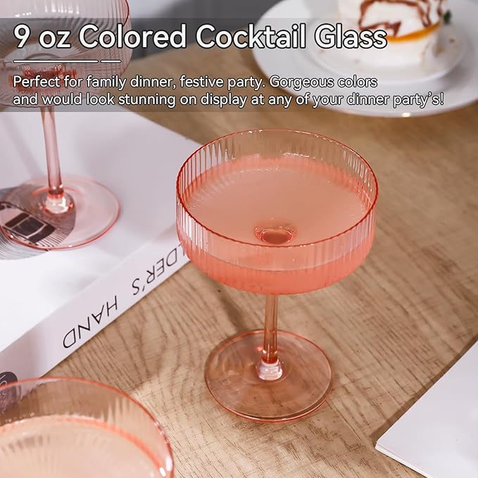 Cyrelwing 9 oz Pink martini glasses Vintage Art Deco Blush Pink Coupe Glasses Set of 6 Pink Ribbed Cocktail Glasses for Espresso Martini, Champagne,Cosmopolitan,Manhattan,Cocktail