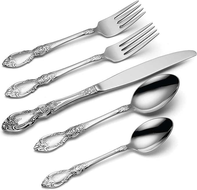 Oneida Silverware Set For 8, Wordsworth 45-Piece with Serving Utensils, Service For 8, Ornate Pattern, Mirror Finish, 18/0 Stainless Steel, Dishwasher Safe, Knives Spoons and Forks (Silver, 45 Pieces)