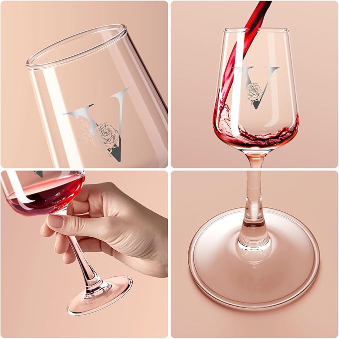 Personalized Wine Glass Gifts for Women - Monogrammed A-Z Wine Glasses Gift | Custom Christmas Gift, Valentines Day, Birthday Gifts for Women Her Mom Wife Best Friend Sister (V)