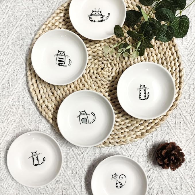 Cute Cat Ceramic Kitten Plates, 4 Inch Cat Bowls, Appetizer & Dessert Sauce Dishes, Small Seasoning & Serving Dish Set of 6