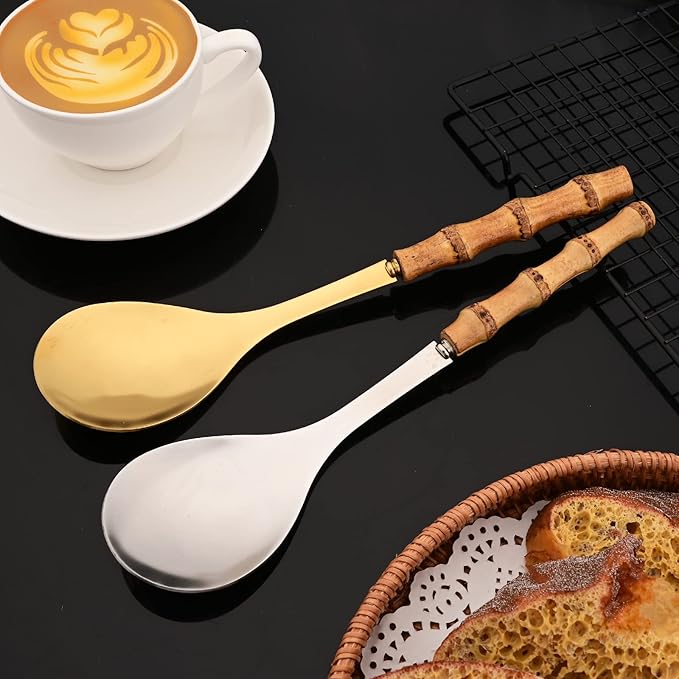 JASHII 30pcs Bamboo Handle Silverware Set, 304 Stainless Steel Gold Flatware Set, Service for 4, with 2pcs Serving Spoons.Mirror Polished, Reusable Bamboo Cutlery Set for Home Party