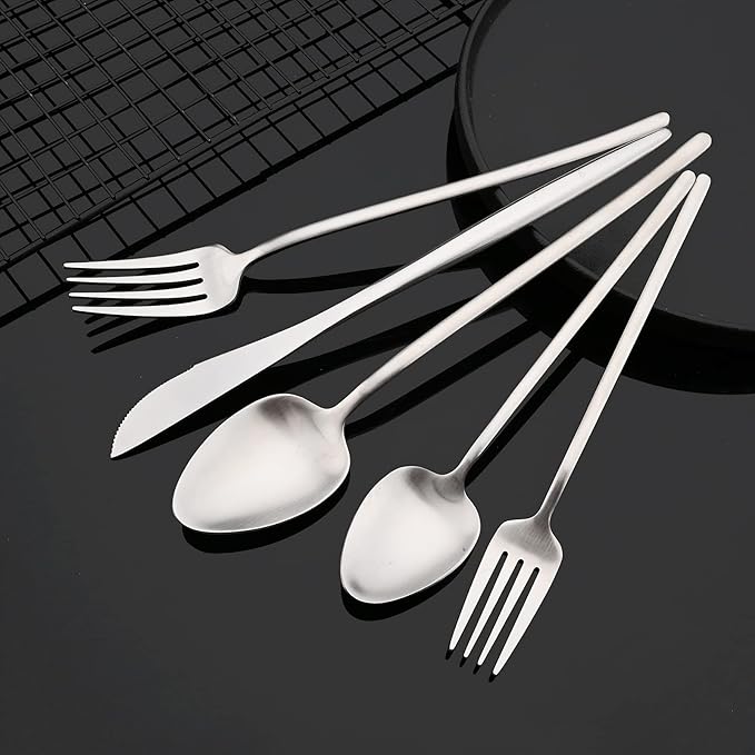 JASHII Modern Silverware Set - 20 Pieces Cutlery Set Matte Silver - Brushed 304 Stainless Steel Flatware Set - Narrow and Long Handle - for Home Dinner and Restaurant