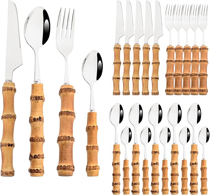 24-PIECE Silver Polish Flatware Set With Natural Bamboo Handle, Basic Chinoiserie Tableware Set For Daily Dining And Kitchen, Service for 6