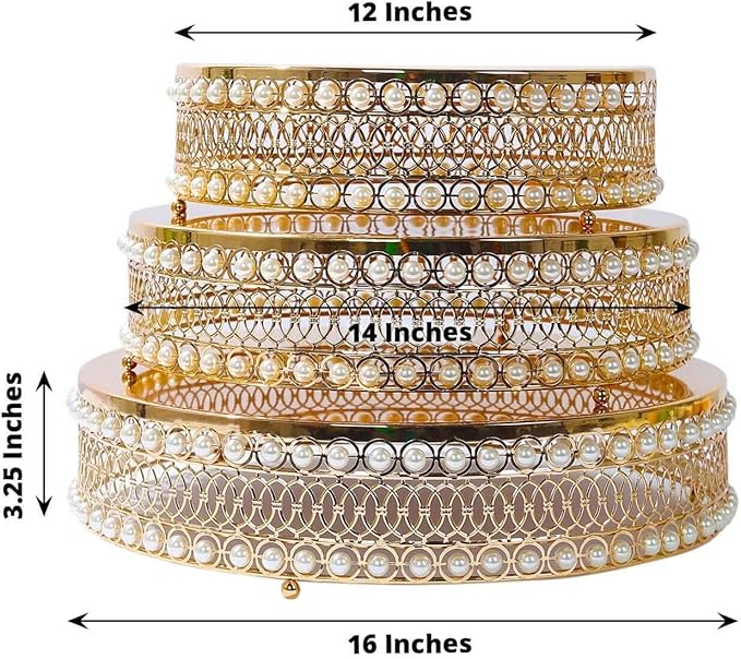 Efavormart Set of 3 Pearl Beaded Gold Metal Cake Stands with Mirror Top, Stackable Round Cupcake Holder Dessert Display Stands - 12",14",16"