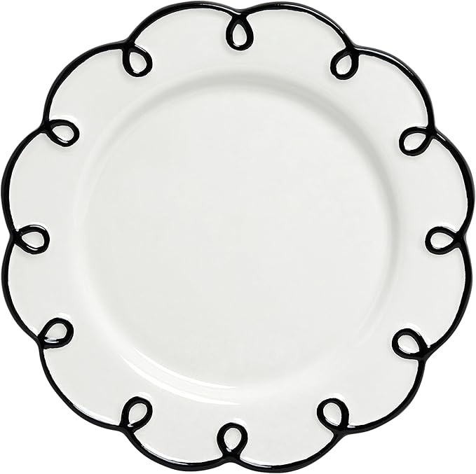 Sango 12-Piece Earthenware Dinnerware Set for 4, Glossy White Plates and Bowls Sets with Black Scalloped Rims, Premium Dish Set, Holiday Dishes for Gifting & Hosting Christmas Party, Splash of Cheers