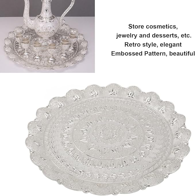 Turkish Tea Coffee Serving Tray, Vintage Style Round Metal Plate 13.8 Inch, Silver Embossed Pattern - Multi Purpose, Durable Metal Material, Ideal for Outdoor and Decorative Use (Silver)