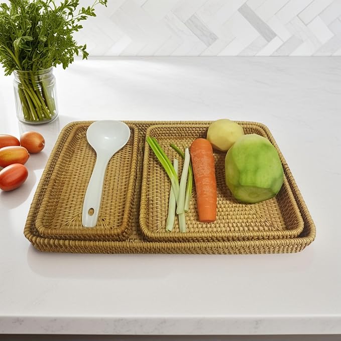 Rattan Tray Rectangle, Rattan Basket Set of 5, Wicker Decorative Serving Tray Fruit Baskets Food Serving Holders Woven Baskets for Storage Home Kitchen Restaurant Decor