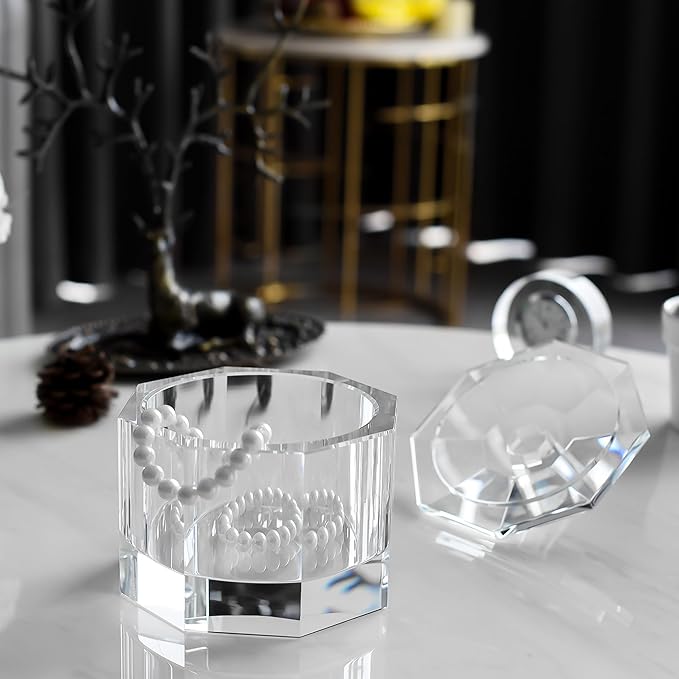 Crystal Candy Dish with Lid Hand-Cut Home Decorative Jewelry Box/Jar W 5" x H 5" with Multi-faceted, Comes With Gift Box