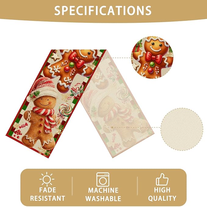 Christmas Gingerbread Table Runner Seasonal Winter Kitchen Dining Linen Table Decoration for Indoor Outdoor Home Party Decor 13 x 72 Inch