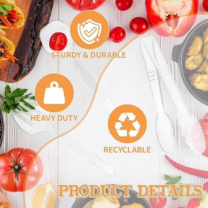 30 Pcs Clear Plastic Serving Utensils Set - Includes 10 Spoons, 10 Tongs, 10 Forks - Heavy Large Disposable Serving Utensils for Parties, Holidays & Events (Clear)