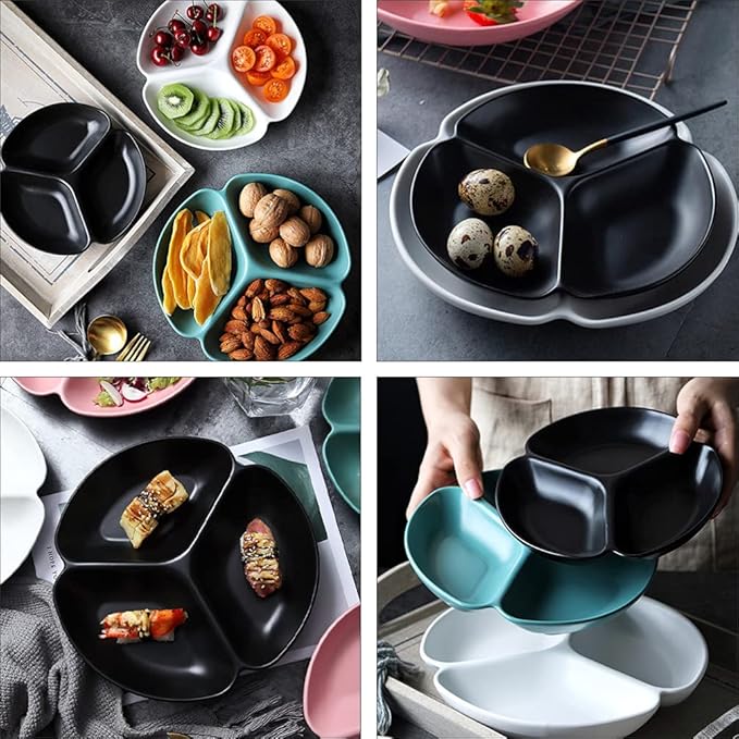 3- Compartment Tray Ceramic Serving Plate Snack Storage Container Fruit Plate Serving Dish Appetizer Plate-Black