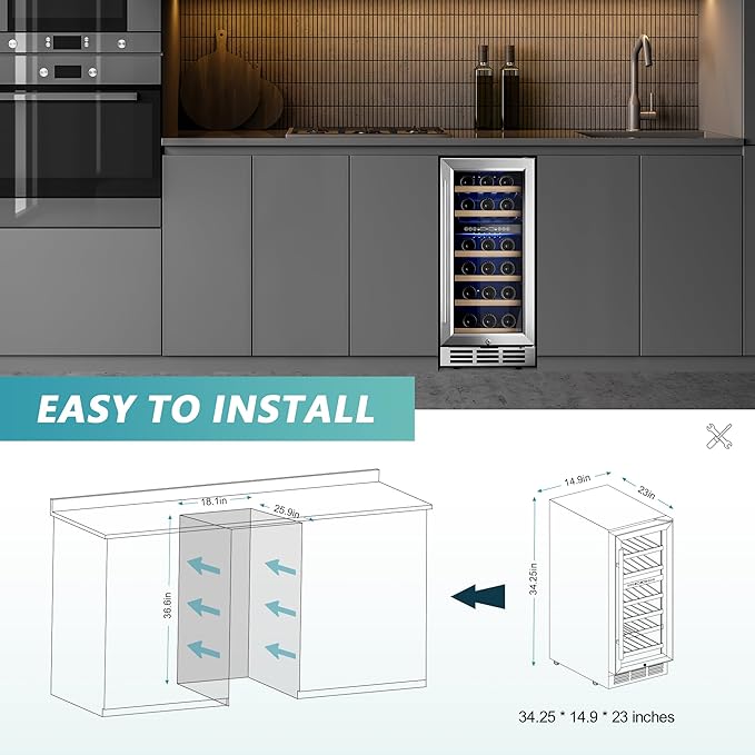 EUHOMY 15 Inch Wine Fridge, Dual Zone Wine Chiller with Digital Temperature Control, Wine Cooler Upgraded Compressor Fits Low Noise, Wine Storage with Double-Layer Glass Door, 33 Bottles.