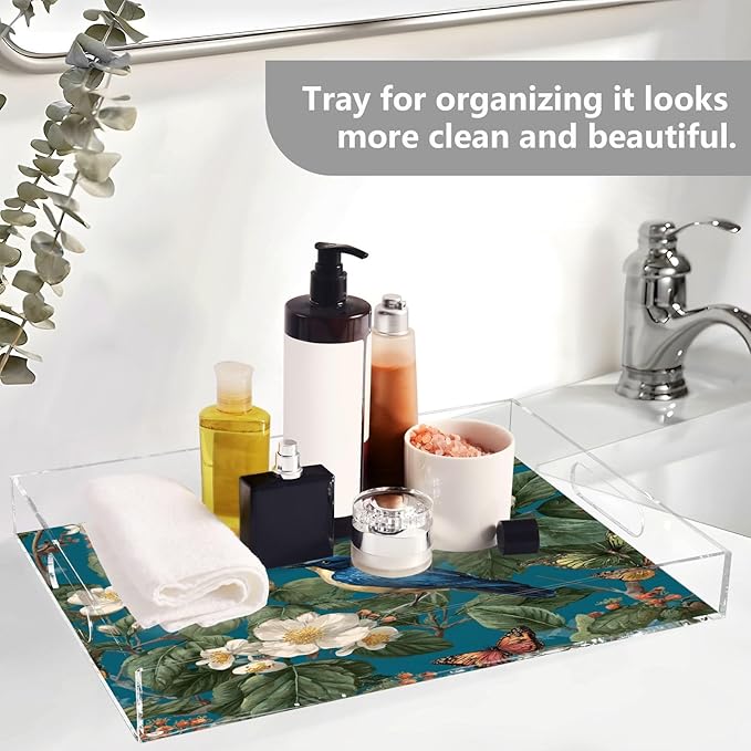 Serving Tray with Handles Clear Acrylic Tray 12x16 Inch Decorative Rectangular Tray Organizer for Ottoman Coffee Table Bathroom Vintage Blue Bird Flowers Butterflies
