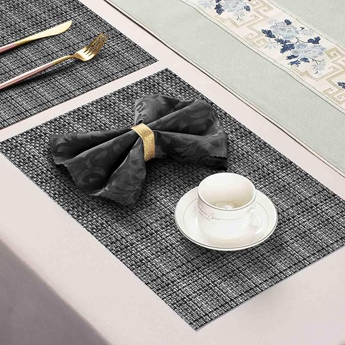 AHHFSMEI Placemats for Dining Table Set of 4 Woven Vinyl Plastic Place Mats Non-Slip Heat Insulation Stain Resistant Table Mats Washable Easy Clean Placemats (Linen Black 4)