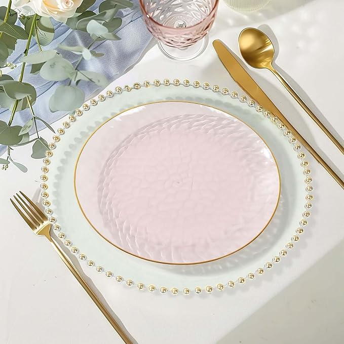 Efavormart 10 Pack | Transparent Blush Hammered 9" Round Plastic Dessert Appetizer Plates With Gold Rim, Disposable Salad Party Plate