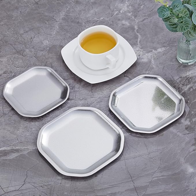 5.9x5.9 inch square Appetizer Plates,thick stainless steel Dinner Plates, Pasta Dessert Plates for Sushi, Fruit oven/Dishwasher Safe, Set of 4,silver