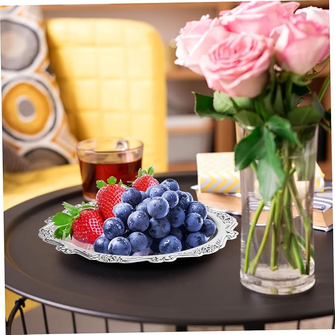 Sewroro Silver Serving Tray Round Iron Dessert Platter Snack Serving Platter for Home Entertaining and Jewelry Display