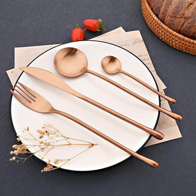 JASHII 304 Flatware Set Matte Copper Silverware Set Satin Finished 18/8 Stainless Steel Cutlery Set with Round Handle 24 Piece Wedding Housewarming Gift Service for 6 - Rose Gold