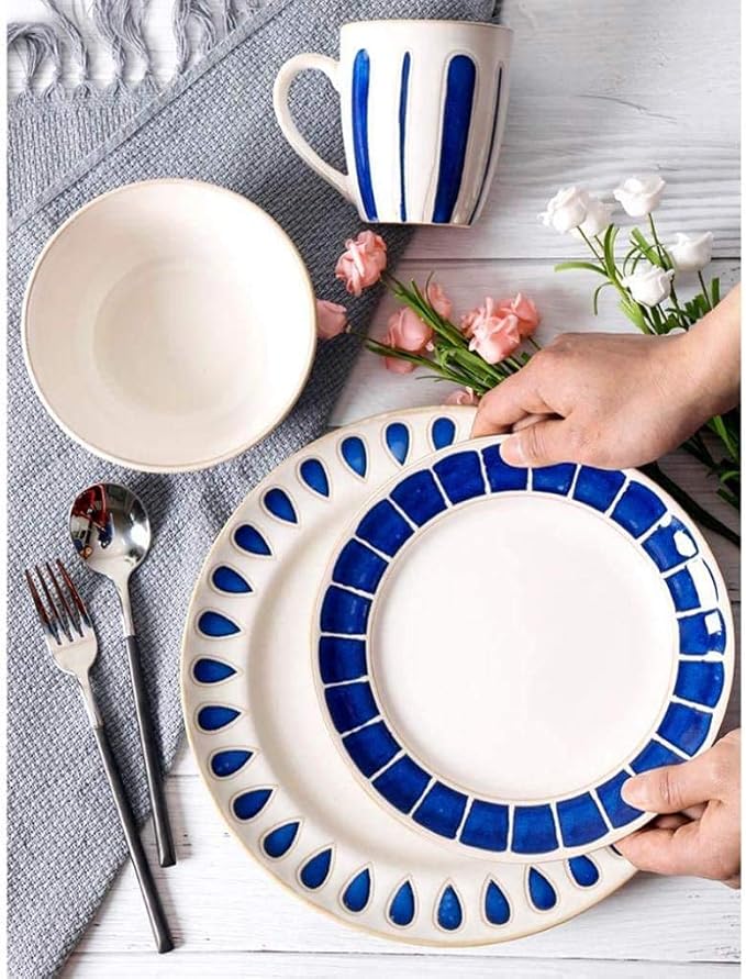 Elegant Fine Dinnerware Set,4 Pieces Blue White Ceramic Dinner Set Porcelain Mug Plate Bowl Lead Free Tableware