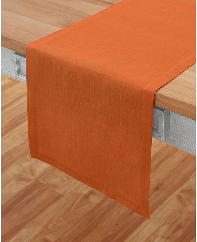 Solino Home Linen Pumpkin Table Runner 48 Inches - 100% Pure Linen Farmhouse Short Table Runner 14 x 48 Inch Ideal for Dresser and Coffee Tables - Fete - Holiday