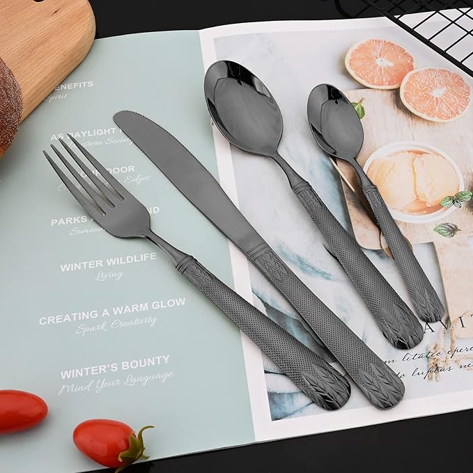 JASHII 304 Stainless Steel Hammered Silverware Set with Wheat Spike Pattern, Modern Eating Tableware Flatware Set, Service for 6. Flat Handle, Dishwasher Safe - Shiny Black