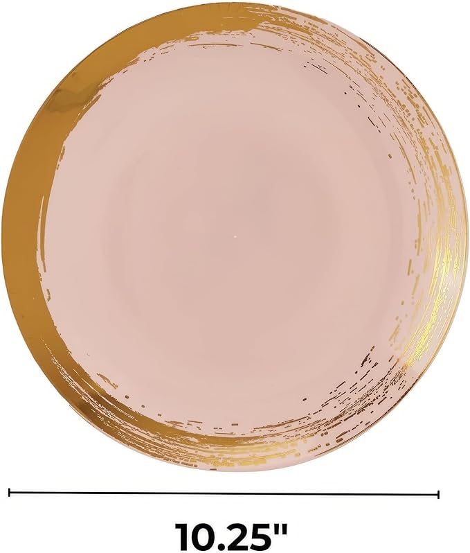 SILVER SPOONS Gold Brush Stroke Rimmed Plastic Dinner Plates for Party (10 PC) Heavy Duty Disposable Dinner Set 10.25", Fine China Look Dishes for Baby Showers, Celebrations & Events - Blush