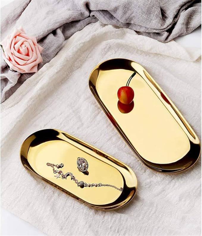Serving Tray Oval Stainless Steel Tray Fruit Trays Storage Tray Serving Plate Cosmetics Jewelry Decorative Organizer for Coffee, Dessert, Fruit.-Gold||Small