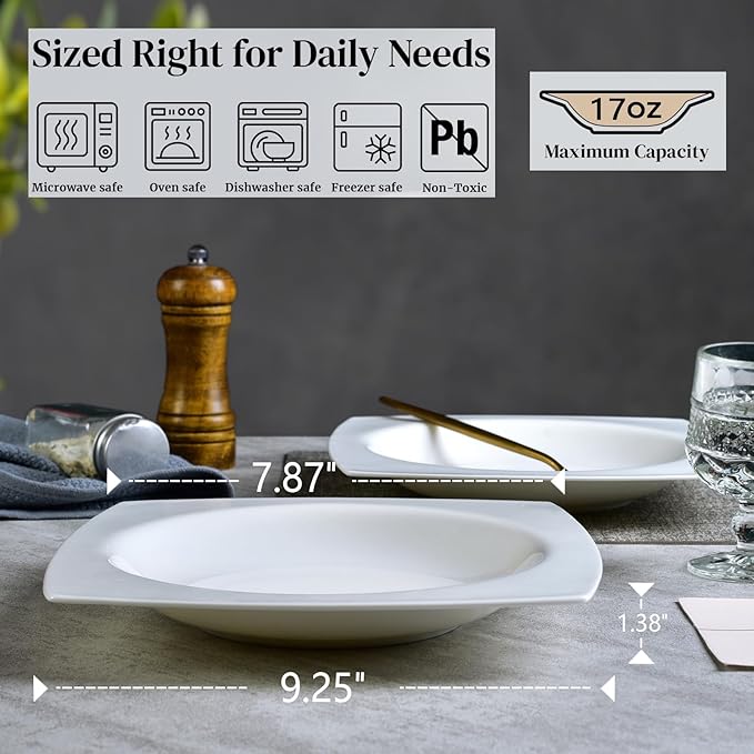 Vitrelle 6-Piece Salad Appetizer Plate Set Triple Layer Glass and Scratch Resistant, 9.25 Inch Square Plates, Winter Frost White