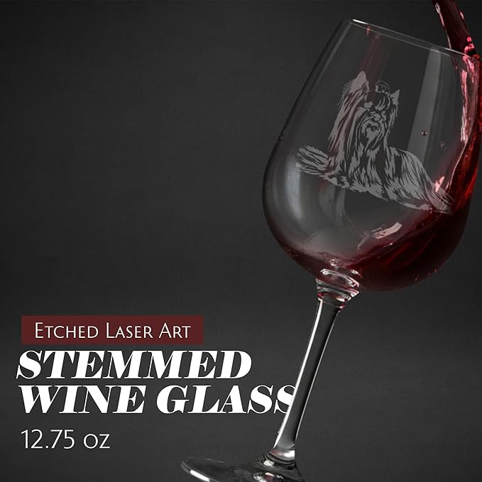 Etched Laser Art Personalized Dog Themed Etched Wine Glass - Custom Dog Breed Wine Glasses, Ideal for Pet Lovers, Unique Birthday Gift for Men & Women, Personalized Gift - Yorkshire Terrier, 12.75 oz