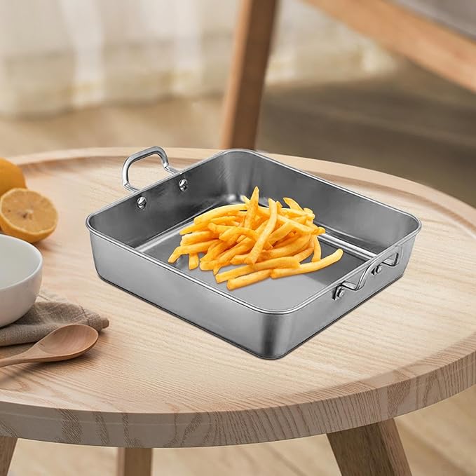 Generic Snack Tray Fries Plate with Handles Square Stainless Steel Serving Tray Baking Tray for Meat Roasting Turkey Roasting Chicken, Silver, 25x25cm