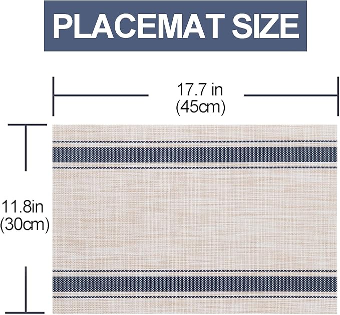 Placemats,PlasticVinyl Washable Heat-Resistant Durable PVC Non-Slip Woven for Kitchen Dining Table Mats (Set of 6, Blue Beige)