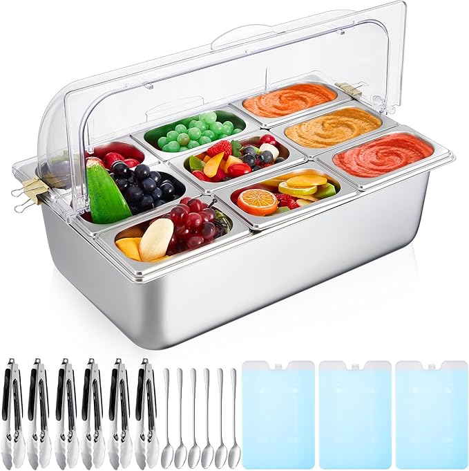 Tessco for you 16 Pcs Ice Food Spice Serving Display Countertop Chilled Condiment Container Set with Lid, Stainless Steel Salad Cold Caddy for Buffet Restaurant Kitchen Party(9 Compartments)