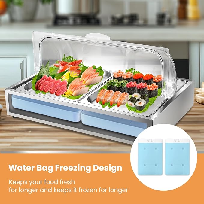 Ice Food Serving Display Tray, Cold Serving Plate with Clear Roll Top, 5QT Stainless Steel Food Serving Tray, Cooling Food Dishes Display Plate for Home, Buffet, Restaurant, Party