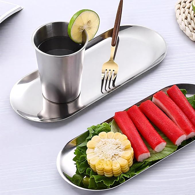 9x3.8Inch Silver Stainless Steel Decorative Tray, Oval Stainless Steel Small Serving Trays for Tea Fruit, Jewelry Plate, Decorative Storage Tray