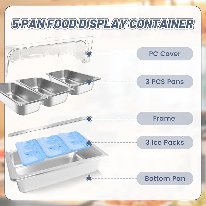 Countertop Ice Food Serving Display Tray with 3 Pan, Portable Salad Bar Buffet Station for Home, Cold Food Buffet Server, Pizza Topping Station, Cold Buffet Table Serving Station for Party
