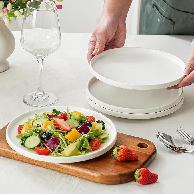 Salad & Dessert Plates, 8 Inch Small Dinner Plates Sets for 4, Dishwasher & Microwave Safe, Porcelain Dinner Dishes for Cake, Fruits, Waffle, Pasta, Salad, Modern White