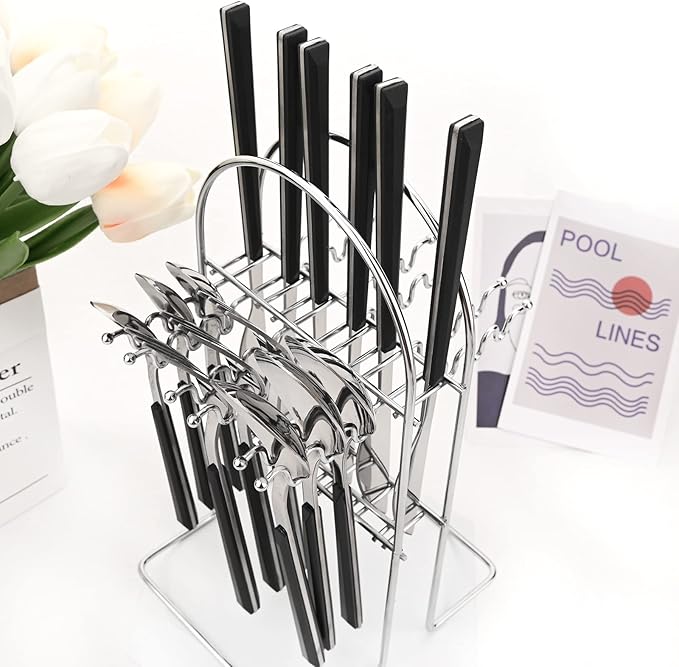 Silverware Set, 24 Piece Mirror Flatware Set With Stand, Stainless Steel Utensils With Black Handle, A Complete Cutlery Set For Most Families, Service For 6