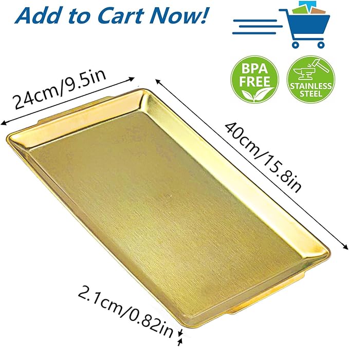 15.8" x 9.5" Large Serving Platters Set of 2, Stainless Steel Heavy-Duty Large Serving Trays, Gold Rectangular Plates for Food, Fruit, Party, Wedding, Christmas, Chip and Scratch Resistant