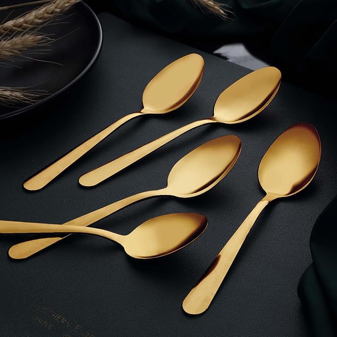 Unokit Dinner Spoons Set 24 Pieces (7.4 inch) - Stainless Steel silverware, Tablespoon, Silverware Spoons for Home, Kitchen or Restaurant - Mirror Polished, Dishwasher Safe - Gold