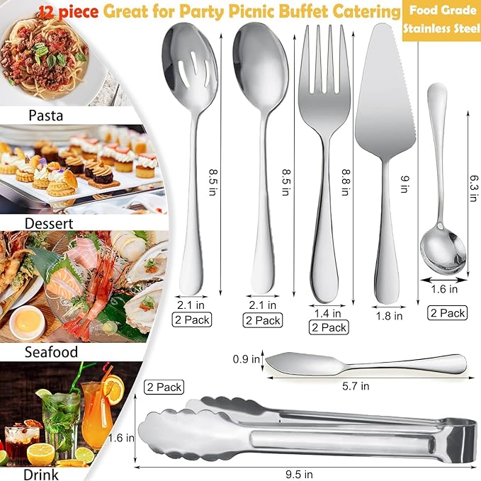 12Pcs Silver Serving Utensils Stainless Steel Serving Spoon,Slotted Spoons Serving Forks,Serving Tongs Cake Server Dessert Spoon Serving Flatware Set Great for Parties Buffet Party