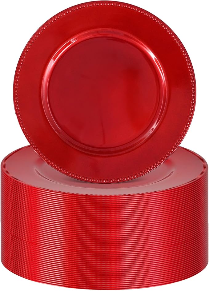 50 Pcs Red Charger Plates Round Charger Plates13 Inch Bulk Wedding Dinner Elegant Reusable Plastic Chargers Plates Wedding Holiday Party Baby Shower Event Christmas Decoration (Red)