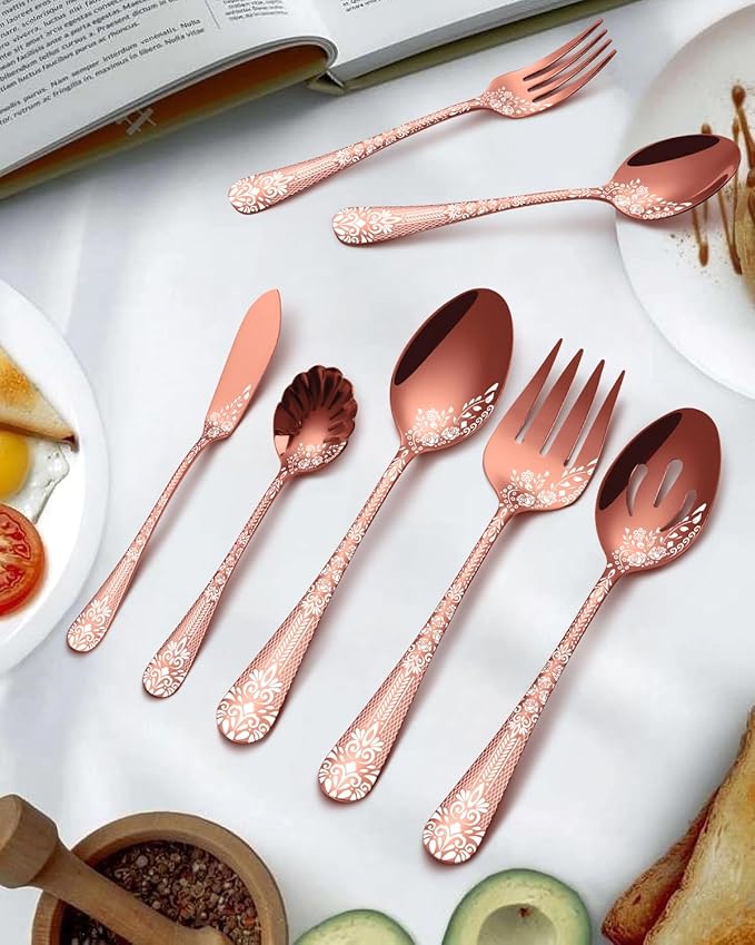 EUIRIO Stainless Steel Copper Serving Utensils Large Serving Spoon Set Serving Fork Slotted Spoon Buffer Knife and Sugar Spoon Kitchen Party Supply (Rose Gold,5 Pieces)